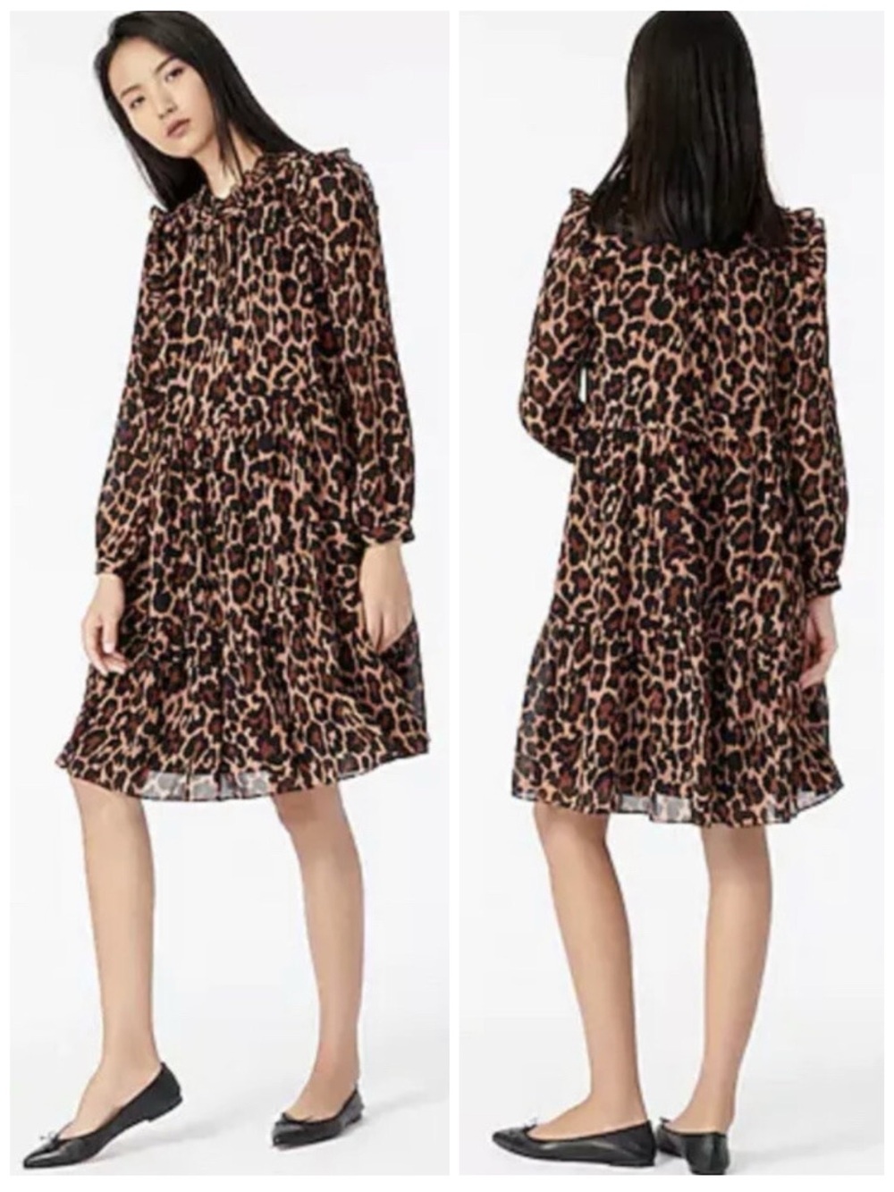 J.CREW Women Size XXS Leopard Crinkle Chiffon Tie-Neck Tiered Long Sleeve Dress